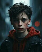 ein Junge im ein rot Kapuzenpullover sieht aus in das Kamera während Stehen im das Regen generativ ai foto
