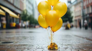 ein Bündel von Gelb Luftballons Sitzung auf das Boden generativ ai foto