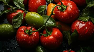 ein Bündel von Tomaten mit Wasser Tröpfchen auf Sie generativ ai foto