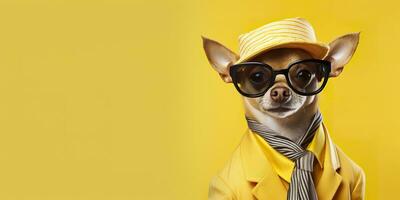 cool suchen Chihuahua Hund tragen funky Mode Kleid. Raum zum Text richtig Seite. generativ ai foto