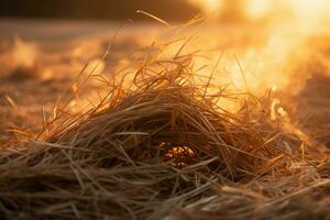 ein schließen oben von ein Vogel Nest im das Mitte von ein Feld generativ ai foto