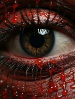 ein schließen oben von ein blutig Auge mit Blut tropft von es generativ ai foto