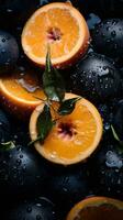 ein schließen oben von ein Bündel von Orangen mit Wasser Tröpfchen auf Sie generativ ai foto