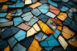 ein schließen oben von ein bunt Mosaik von gebrochen Glas generativ ai foto