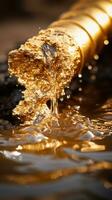 ein schließen oben von ein Gold Nugget Sein gegossen in Wasser generativ ai foto