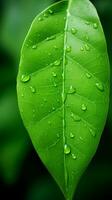 ein schließen oben von ein Grün Blatt mit Wasser Tröpfchen auf es generativ ai foto