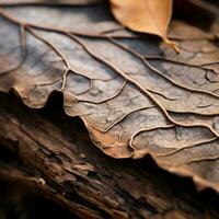 ein schließen oben von ein Blatt auf ein Stück von Holz generativ ai foto