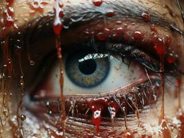 ein schließen oben von ein Personen Auge mit Blut tropft von es generativ ai foto