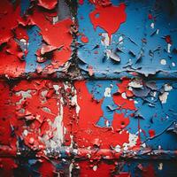 ein schließen oben von ein rot und Blau Mauer mit Farbe Peeling aus von es generativ ai foto