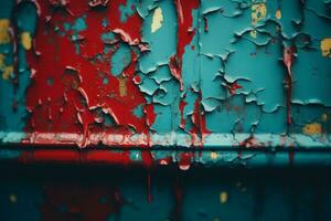 ein schließen oben von ein rot und Blau gemalt Mauer generativ ai foto