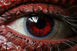 ein schließen oben von ein rot Auge mit Blau Iris generativ ai foto