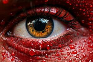 ein schließen oben von ein rot Auge mit Tröpfchen von Wasser auf es generativ ai foto
