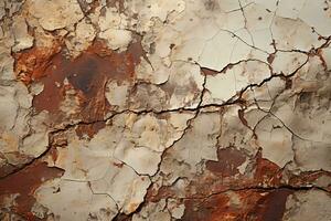 ein schließen oben von ein rostig Mauer mit Peeling Farbe generativ ai foto