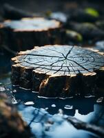 ein schließen oben von ein Baum Stumpf Sitzung im Wasser generativ ai foto