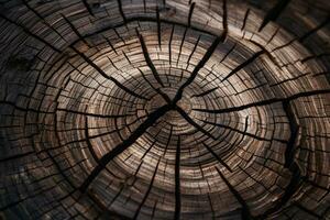 ein schließen oben von ein Baum Stumpf mit Ringe generativ ai foto