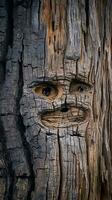 ein schließen oben von ein Baum mit ein Gesicht auf es generativ ai foto