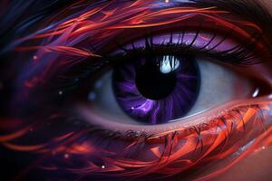 ein schließen oben von ein Frauen Auge mit lila und schwarz Gefieder generativ ai foto