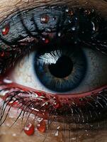 ein schließen oben von ein Frauen Auge mit Blut auf es generativ ai foto