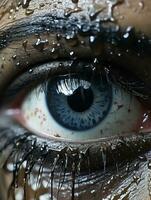 ein schließen oben von ein Frauen Auge mit Wasser Tröpfchen auf es generativ ai foto