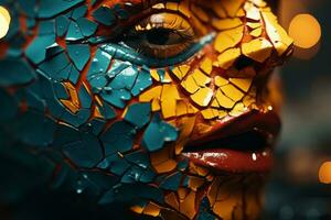 ein schließen oben von ein Frauen Gesicht mit gebrochen Stücke von Farbe auf es generativ ai foto