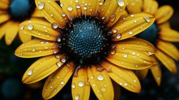 ein schließen oben von ein Gelb Blume mit Wasser Tröpfchen auf es generativ ai foto