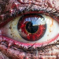 ein schließen oben von ein Zombie Auge mit ein rot Iris generativ ai foto