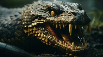 ein schließen oben von ein Alligator mit es ist Mund öffnen generativ ai foto