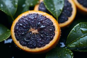 ein schließen oben von ein Orange mit Wasser Tröpfchen auf es generativ ai foto