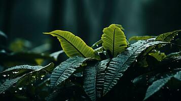 ein schließen oben von Grün Blätter im das Regen generativ ai foto
