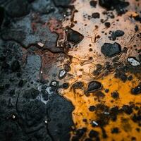 ein schließen oben von Öl und Wasser auf ein schwarz Oberfläche generativ ai foto