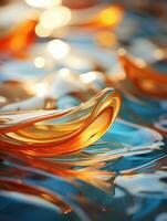 ein schließen oben von Orange und Blau Flüssigkeit auf das Oberfläche von Wasser generativ ai foto
