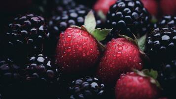 ein schließen oben von Erdbeeren und Brombeeren mit Wasser Tröpfchen generativ ai foto