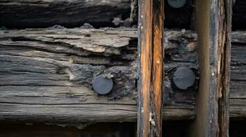 ein schließen oben von das Holz auf ein Zug Spur generativ ai foto