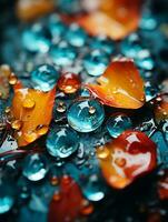 ein schließen oben Aussicht von Wasser Tröpfchen auf ein Orange und Blau Blatt generativ ai foto
