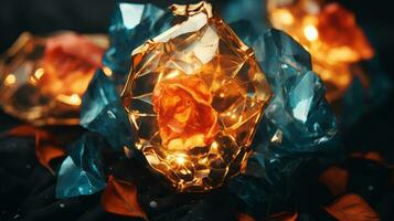 ein Kristall mit ein Orange Blume auf oben von es generativ ai foto