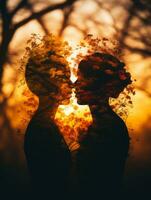 ein doppelt Exposition von zwei Menschen küssen im Vorderseite von ein Baum generativ ai foto