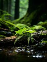 ein Farn wachsend auf ein Log im ein Wald generativ ai foto