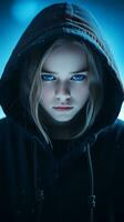 ein Mädchen im ein Kapuzenpullover mit Blau Augen generativ ai foto