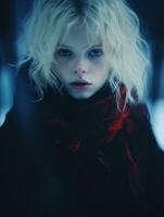 ein Mädchen mit blond Haar im ein rot Schal generativ ai foto