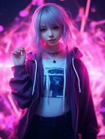 ein Mädchen mit Rosa Haar und ein Kapuzenpullover ist Stehen im Vorderseite von Neon- Beleuchtung generativ ai foto