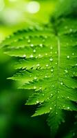 ein Grün Blatt mit Wasser Tröpfchen auf es generativ ai foto