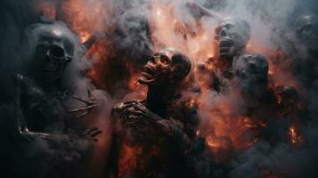 ein Gruppe von Skelette mit Rauch Kommen aus von Sie generativ ai foto