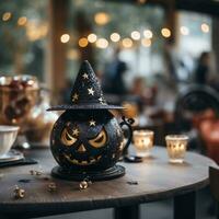 ein Halloween Kürbis mit ein Hexe Hut auf oben von ein Tabelle generativ ai foto