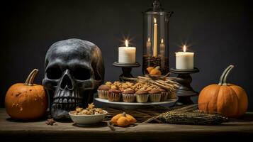 ein Halloween Tabelle mit ein Schädel Kerzen und Kürbisse generativ ai foto