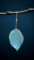 ein Blatt hängt von ein Ast mit Wasser Tröpfchen auf es generativ ai foto