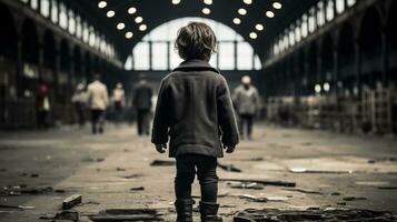 ein wenig Junge Stehen im ein leeren Warenhaus generativ ai foto