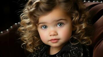 ein wenig Mädchen mit lockig Haar und Blau Augen generativ ai foto