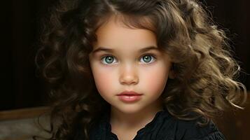 ein wenig Mädchen mit lockig Haar und Blau Augen generativ ai foto