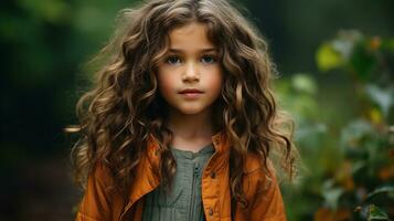 ein wenig Mädchen mit lange lockig Haar Stehen im das Wald generativ ai foto