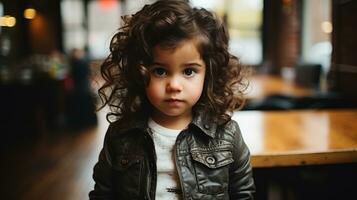 ein wenig Mädchen mit lockig Haar Stehen im Vorderseite von ein Tabelle generativ ai foto